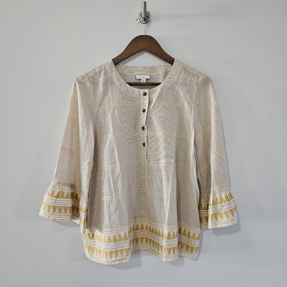 J.JILL Organic Cotton Yellow Peasant Striped Aztec Bell Sleeve Pullover Top MP - Picture 2 of 8